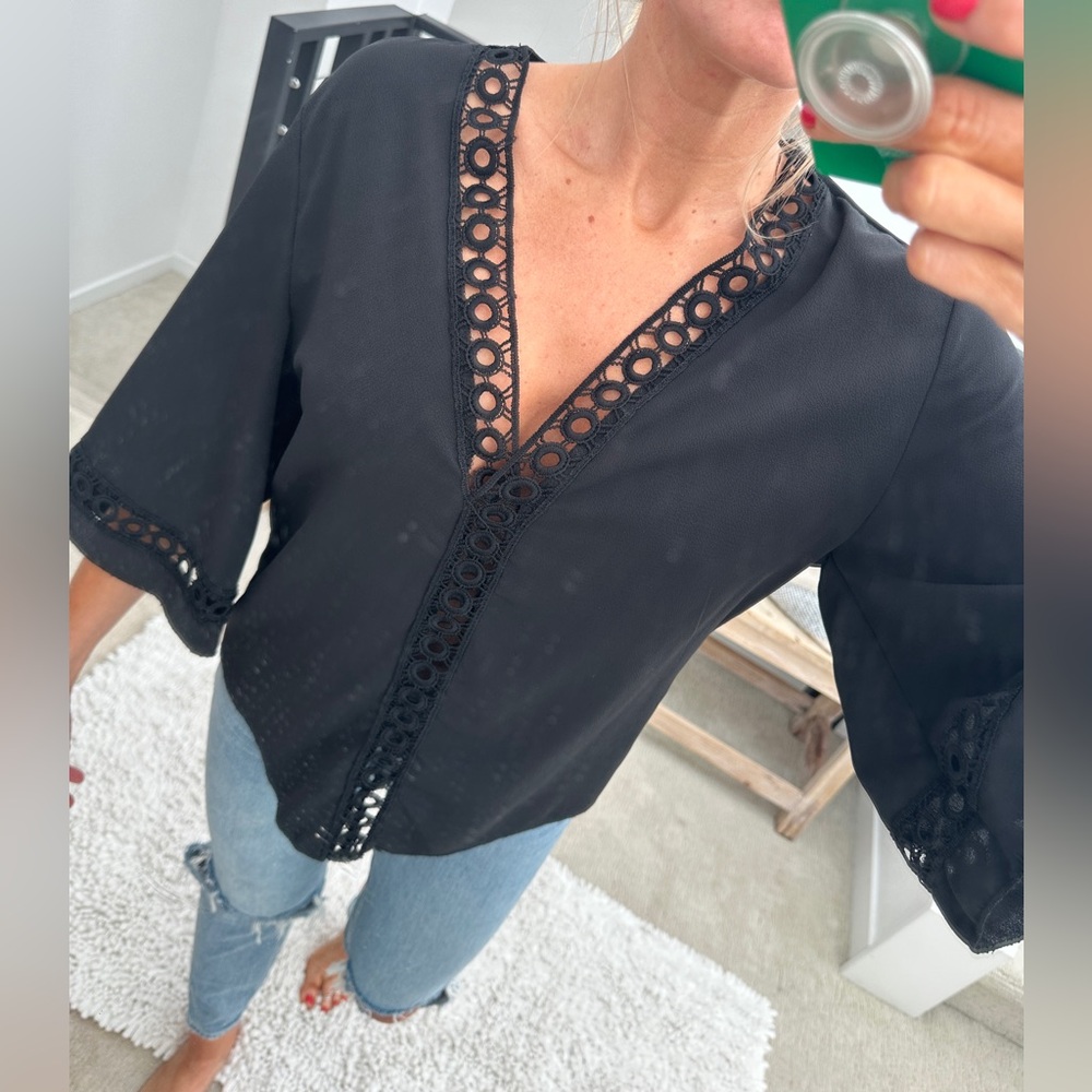 Black Lace Trim Blouse Womens Boho Chic Flowy Top Date Night Casual | Size S - Picture 4 of 13